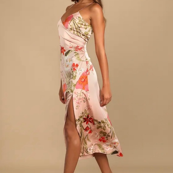 Lulus Remarkable Entrance Pink Floral Print Satin Midi Dress - Size S - Picture 2 of 6